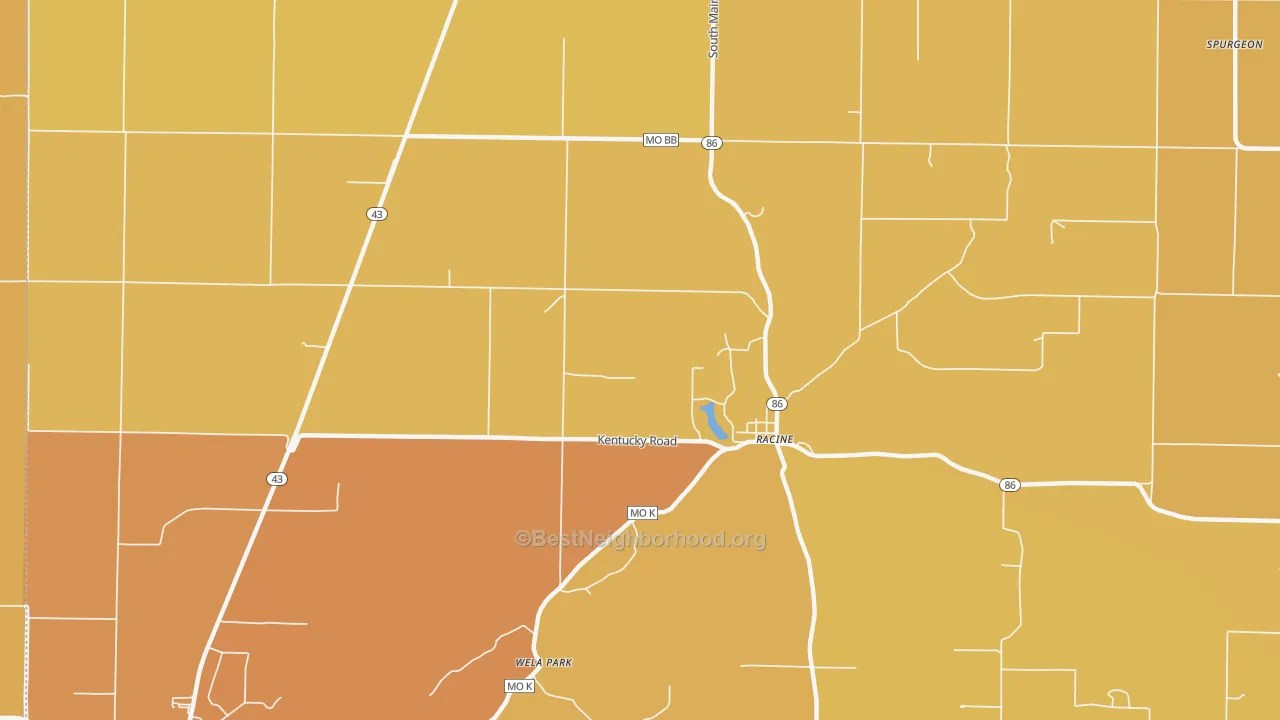 Map of the best neighborhoods in the Racine area, with better matches in green and worse matches in red