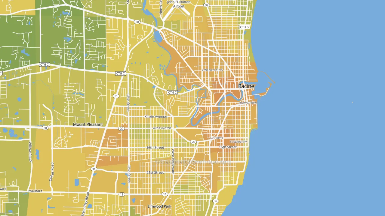 Map of the best neighborhoods in the Racine Metro area, with better matches in green and worse matches in red