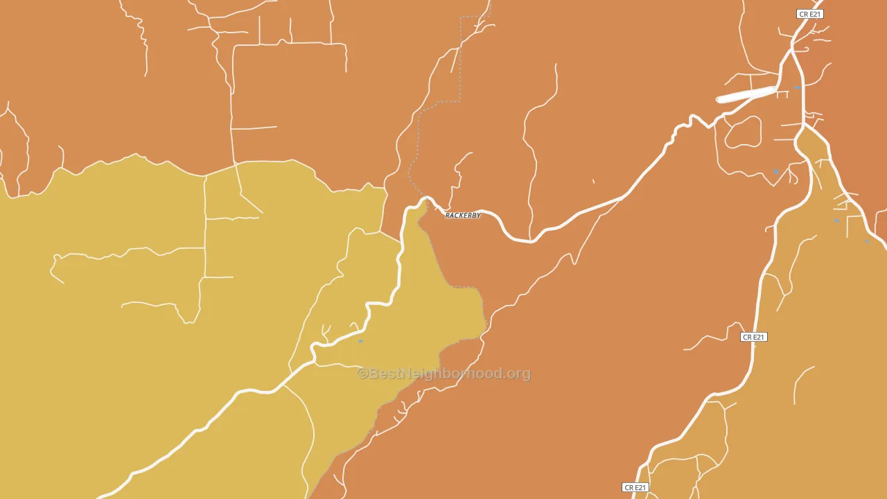 Map of the best neighborhoods in the Rackerby area, with better matches in green and worse matches in red
