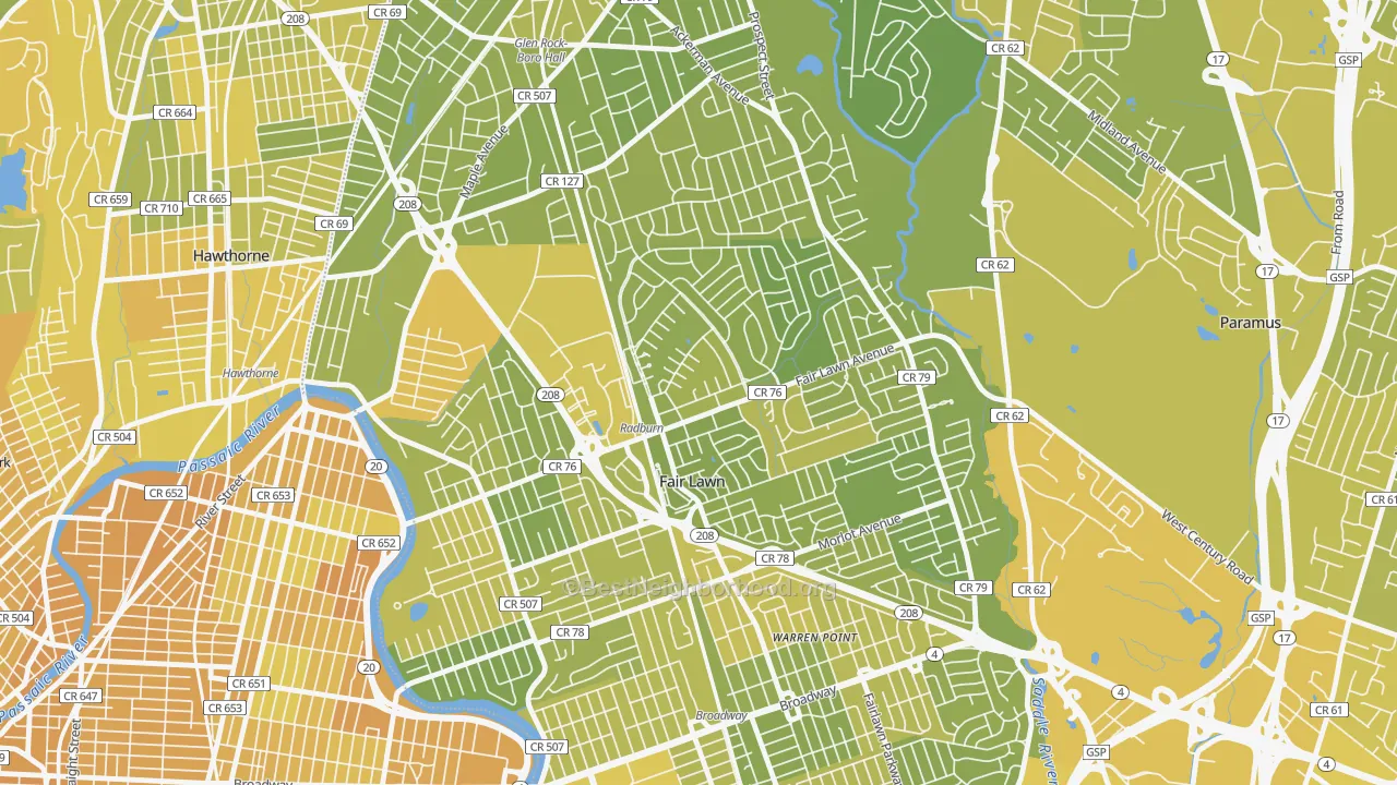 Map of the best neighborhoods in the Radburn, Fair Lawn area, with better matches in green and worse matches in red