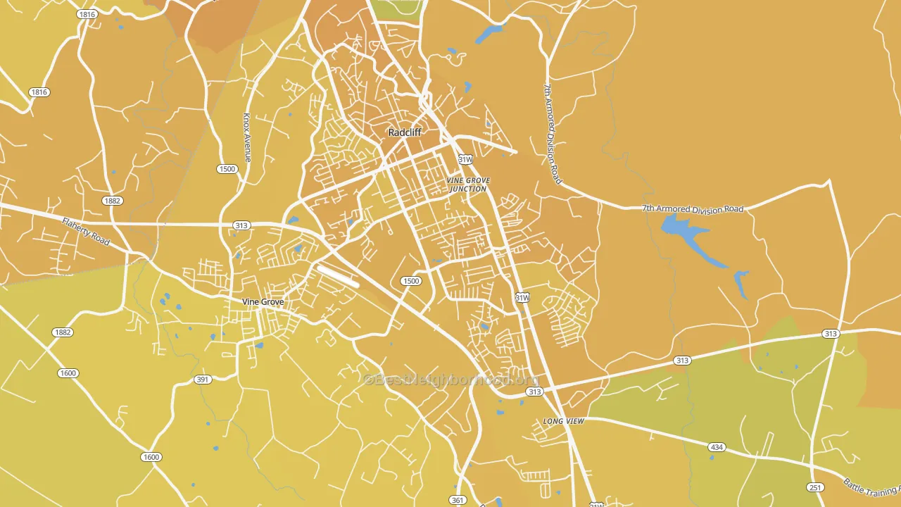 Map of the best neighborhoods in the Radcliff area, with better matches in green and worse matches in red