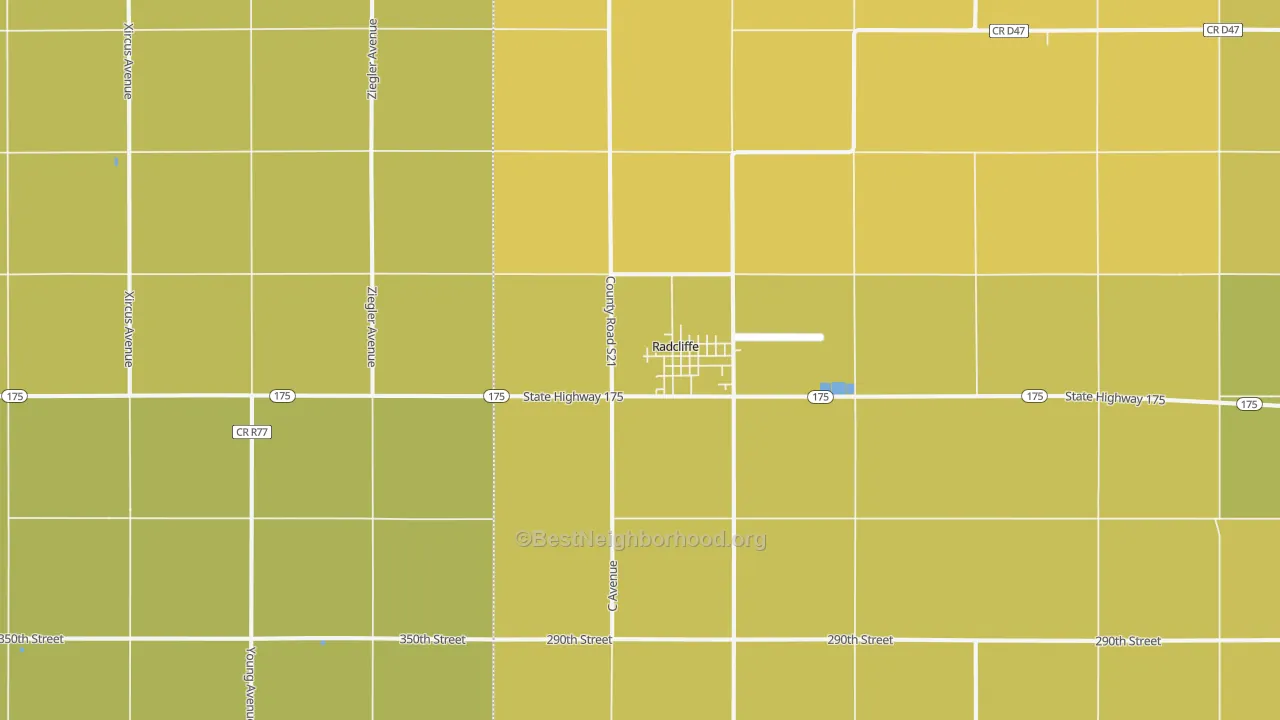 Map of the best neighborhoods in the Radcliffe area, with better matches in green and worse matches in red