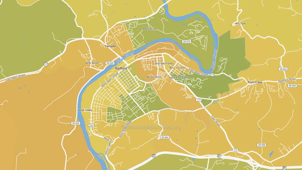Map of the best neighborhoods in the Radford City area, with better matches in green and worse matches in red