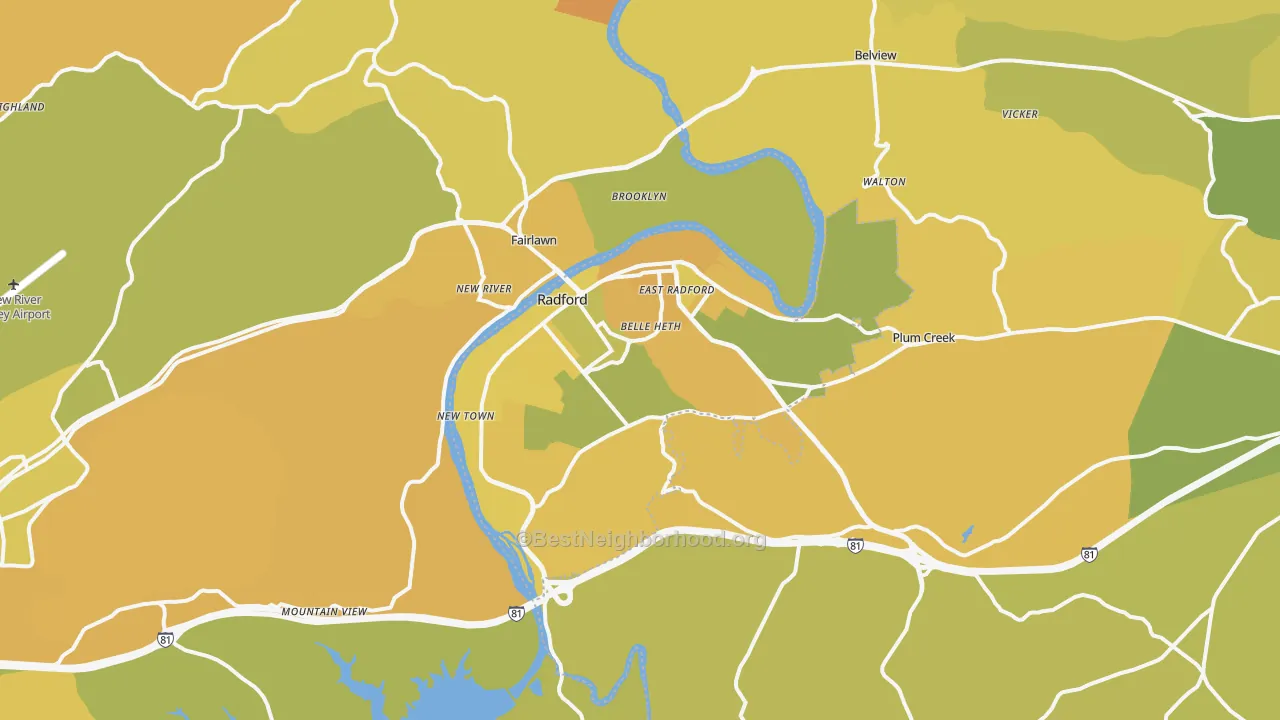 Map of the best neighborhoods in the Radford area, with better matches in green and worse matches in red