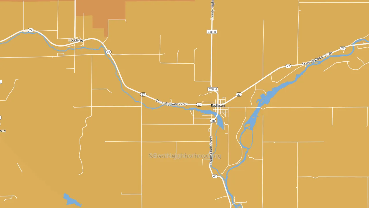 Map of the best neighborhoods in the Radisson area, with better matches in green and worse matches in red