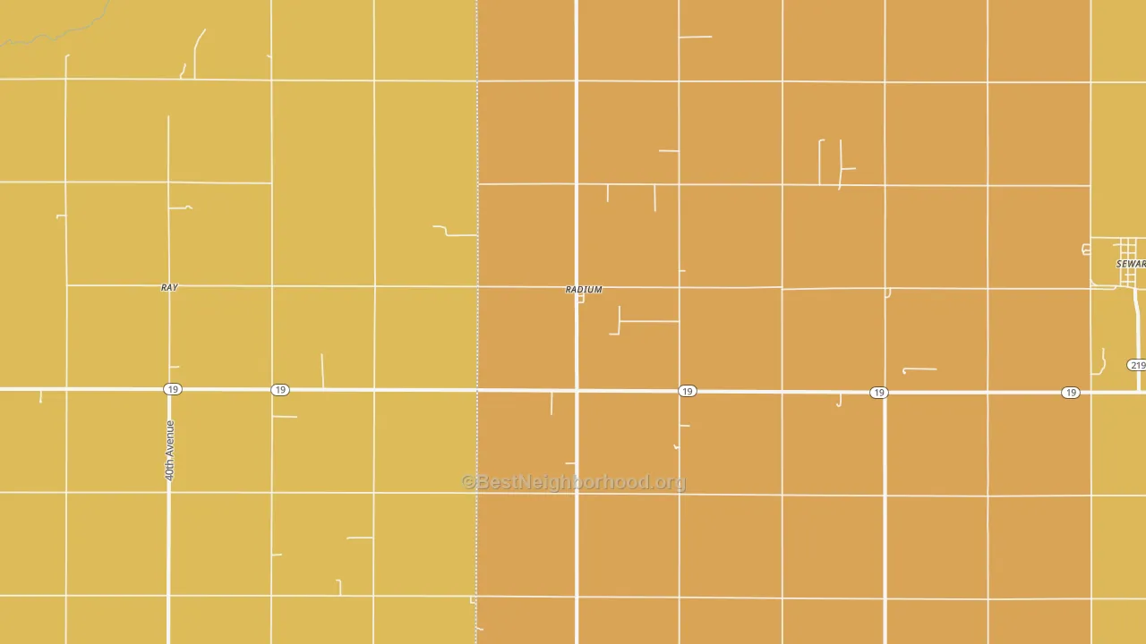 Map of the best neighborhoods in the Radium area, with better matches in green and worse matches in red