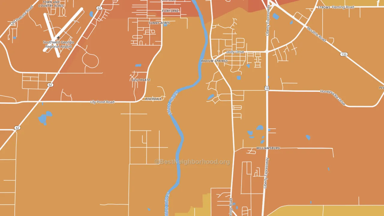 Map of the best neighborhoods in the Radium Springs area, with better matches in green and worse matches in red