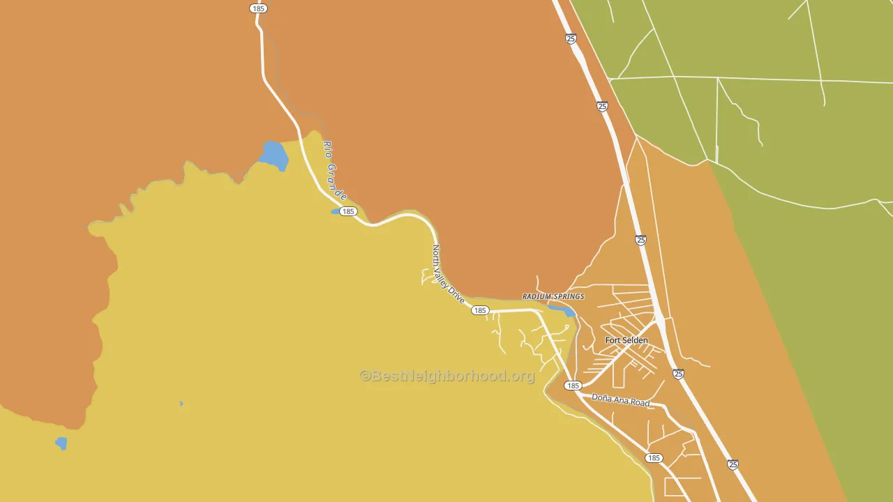Map of the best neighborhoods in the Radium Springs area, with better matches in green and worse matches in red