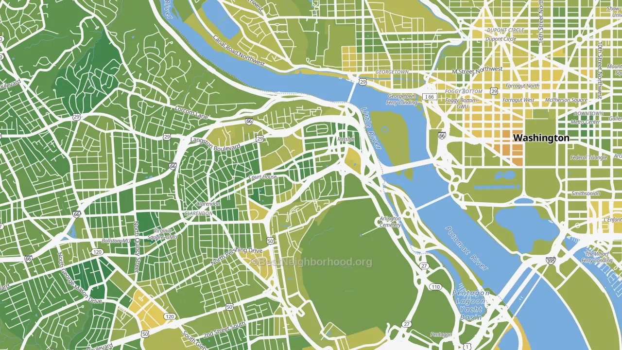Map of the best neighborhoods in the Radnor-Ft Myer Heights, Arlington area, with better matches in green and worse matches in red