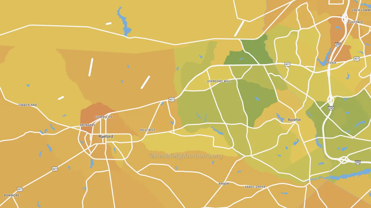 Map of the best neighborhoods in the Raeford area, with better matches in green and worse matches in red