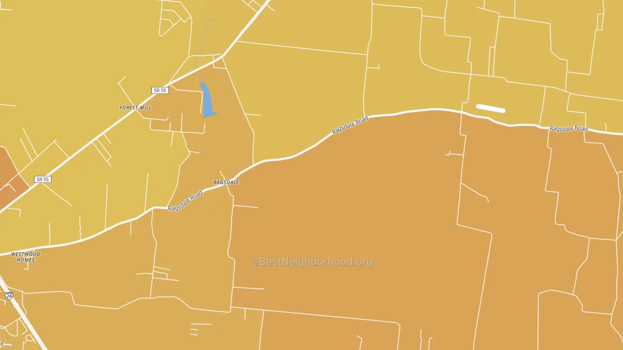 Map of the best neighborhoods in the Ragsdale area, with better matches in green and worse matches in red