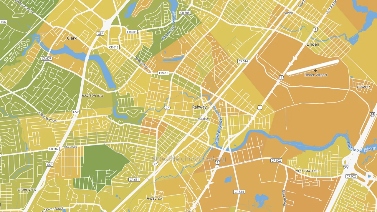 Map of the best neighborhoods in the Rahway area, with better matches in green and worse matches in red
