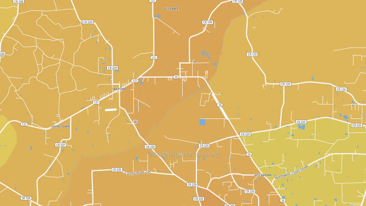 Map of the best neighborhoods in the Raiford area, with better matches in green and worse matches in red
