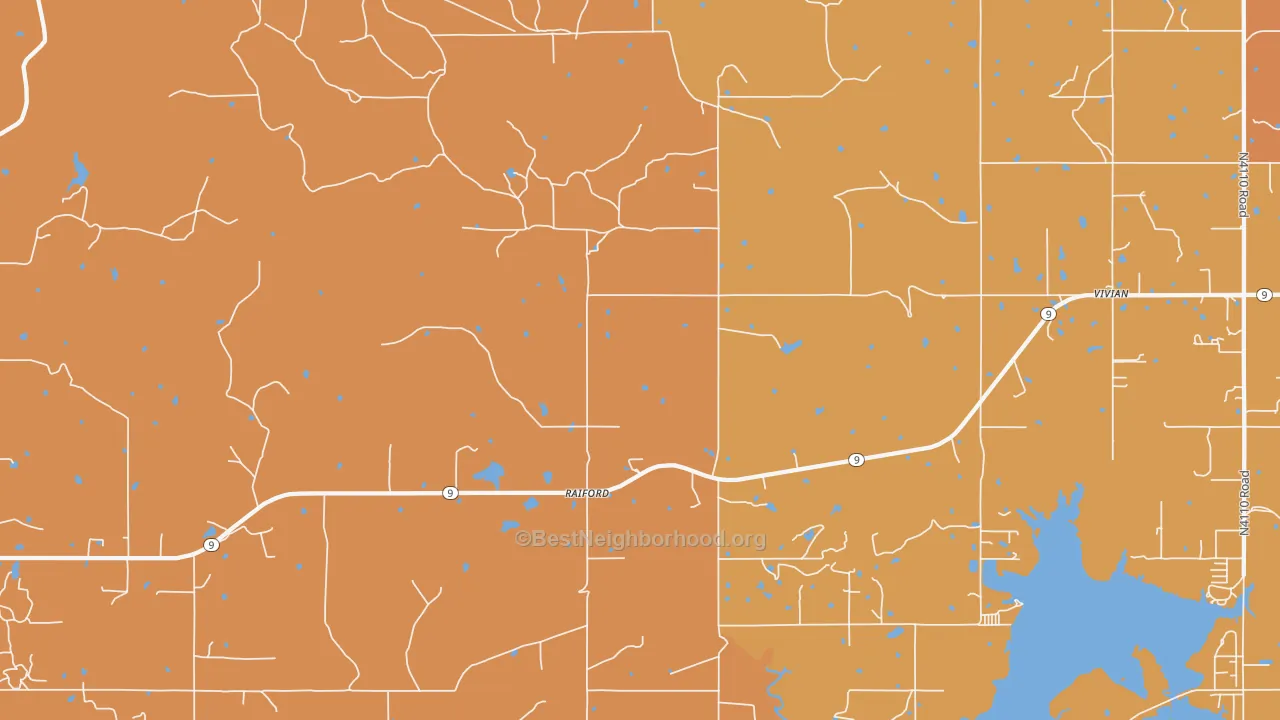 Map of the best neighborhoods in the Raiford area, with better matches in green and worse matches in red