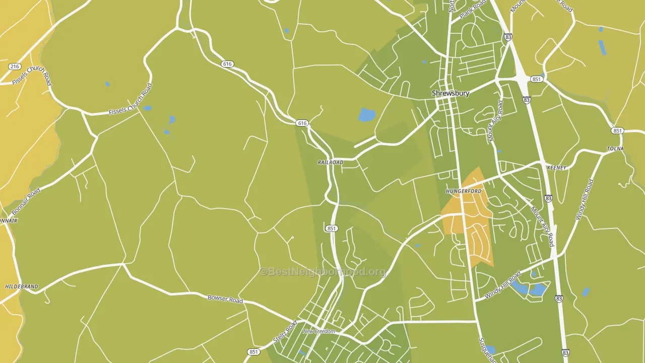 Map of the best neighborhoods in the Railroad area, with better matches in green and worse matches in red