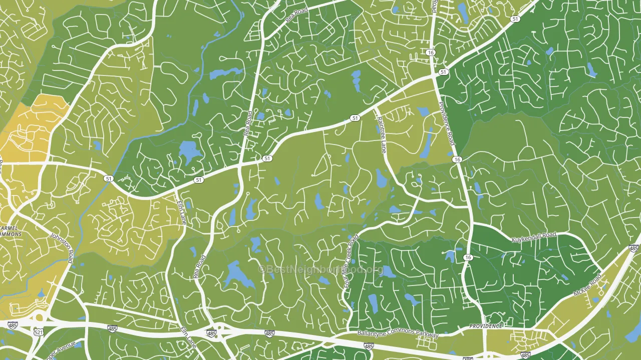 Map of the best neighborhoods in the Rain Tree, Charlotte area, with better matches in green and worse matches in red