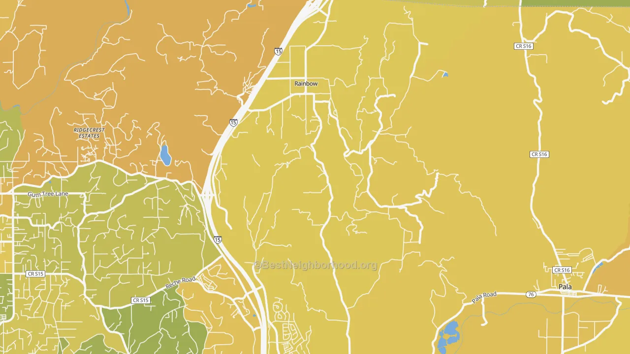 Map of the best neighborhoods in the Rainbow area, with better matches in green and worse matches in red