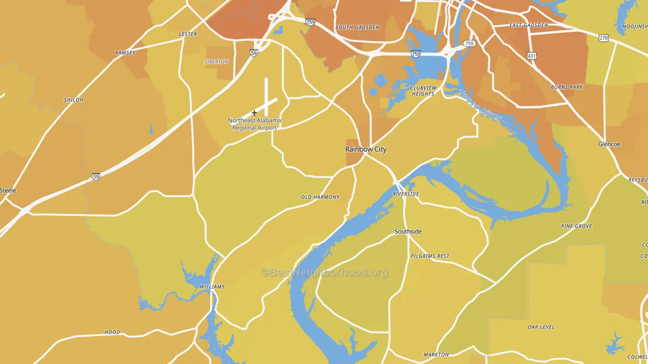 Map of the best neighborhoods in the Rainbow City area, with better matches in green and worse matches in red
