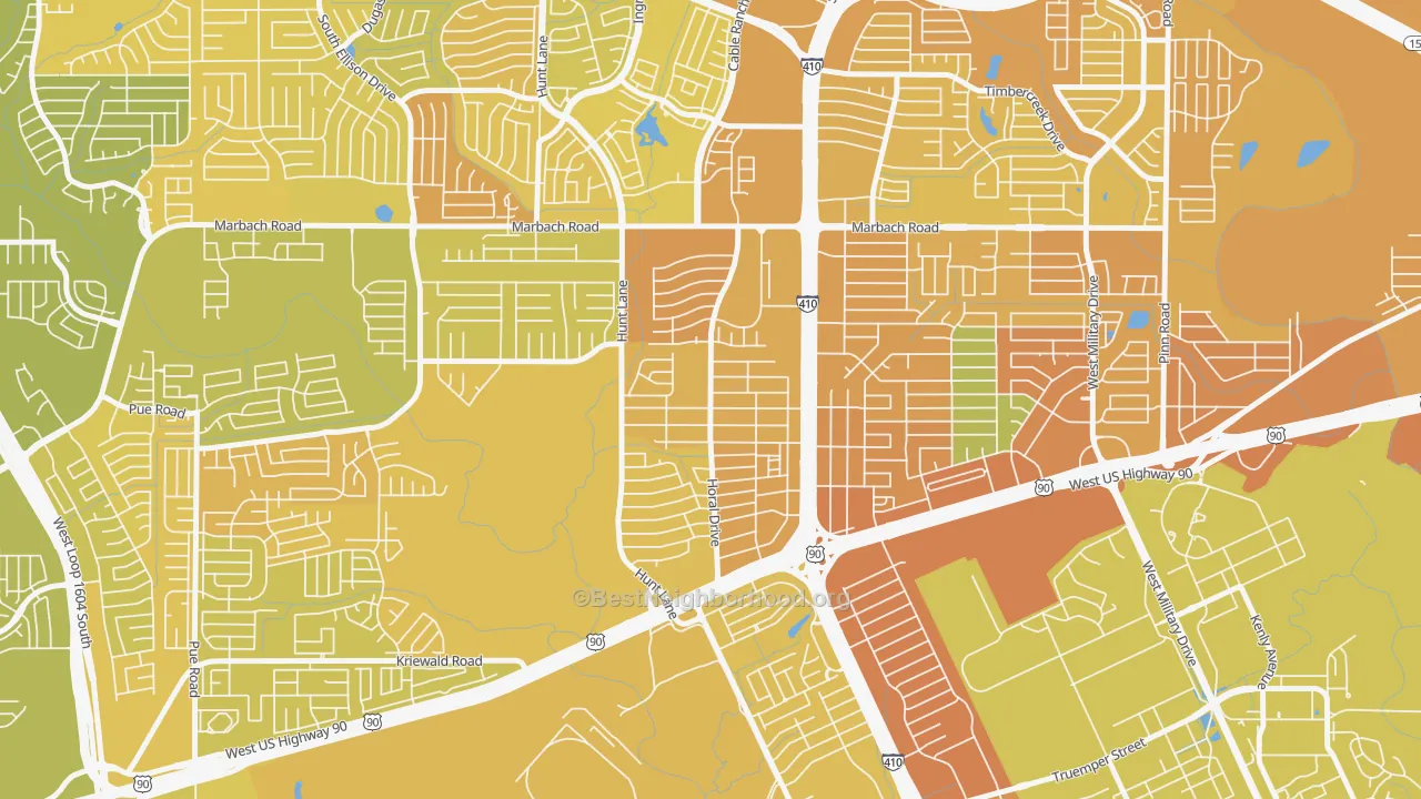 Map of the best neighborhoods in the Rainbow Hills, San Antonio area, with better matches in green and worse matches in red