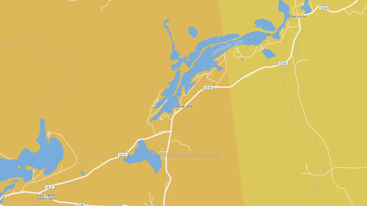 Map of the best neighborhoods in the Rainbow Lake area, with better matches in green and worse matches in red