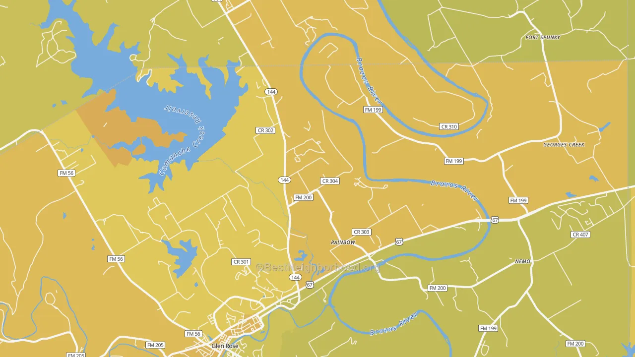 Map of the best neighborhoods in the Rainbow area, with better matches in green and worse matches in red