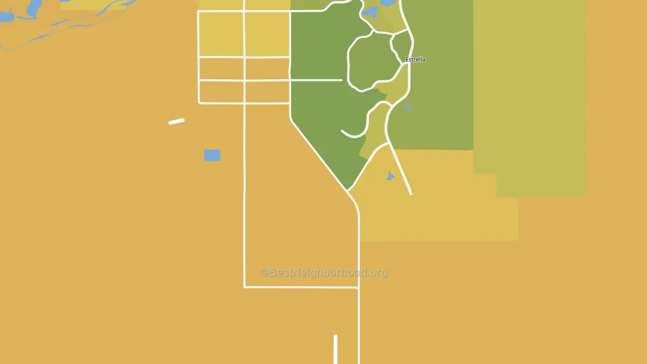 Map of the best neighborhoods in the Rainbow Valley area, with better matches in green and worse matches in red