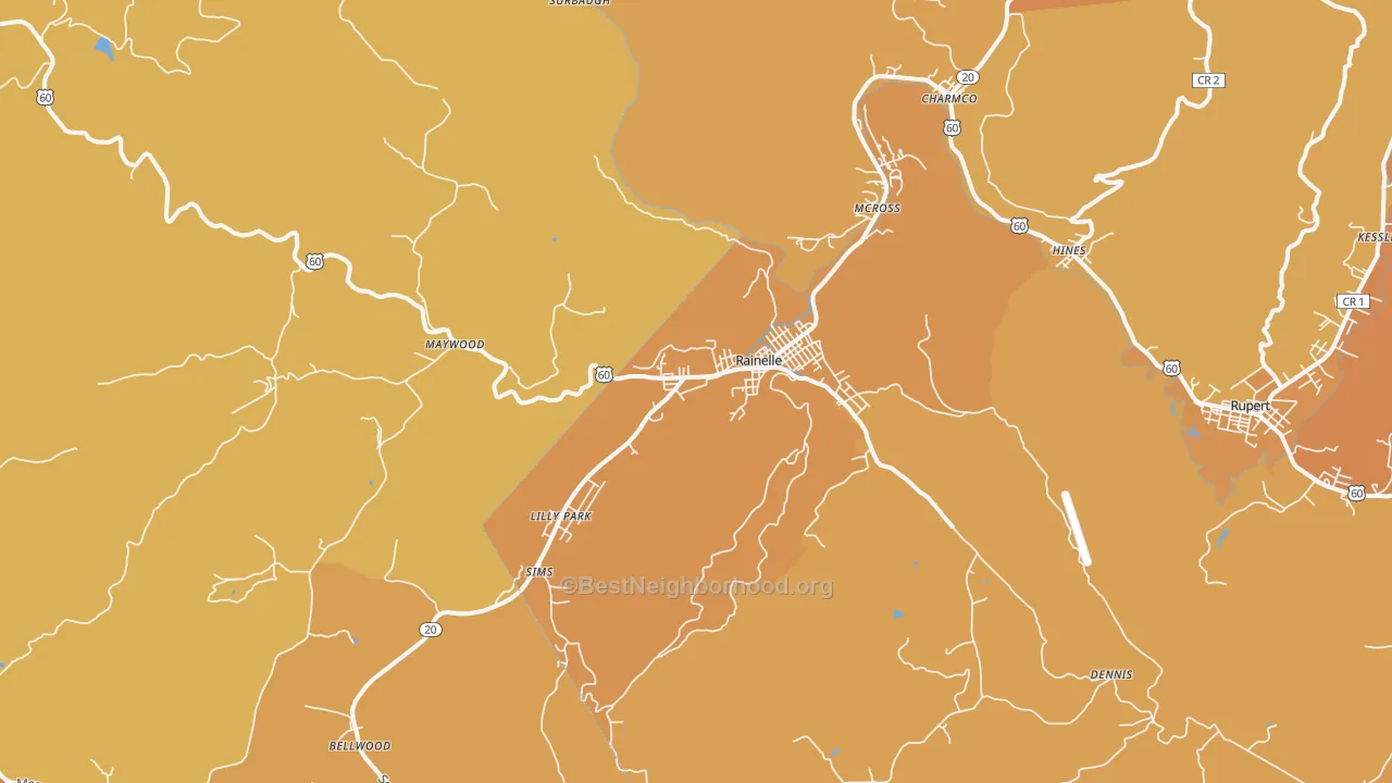 Map of the best neighborhoods in the Rainelle area, with better matches in green and worse matches in red