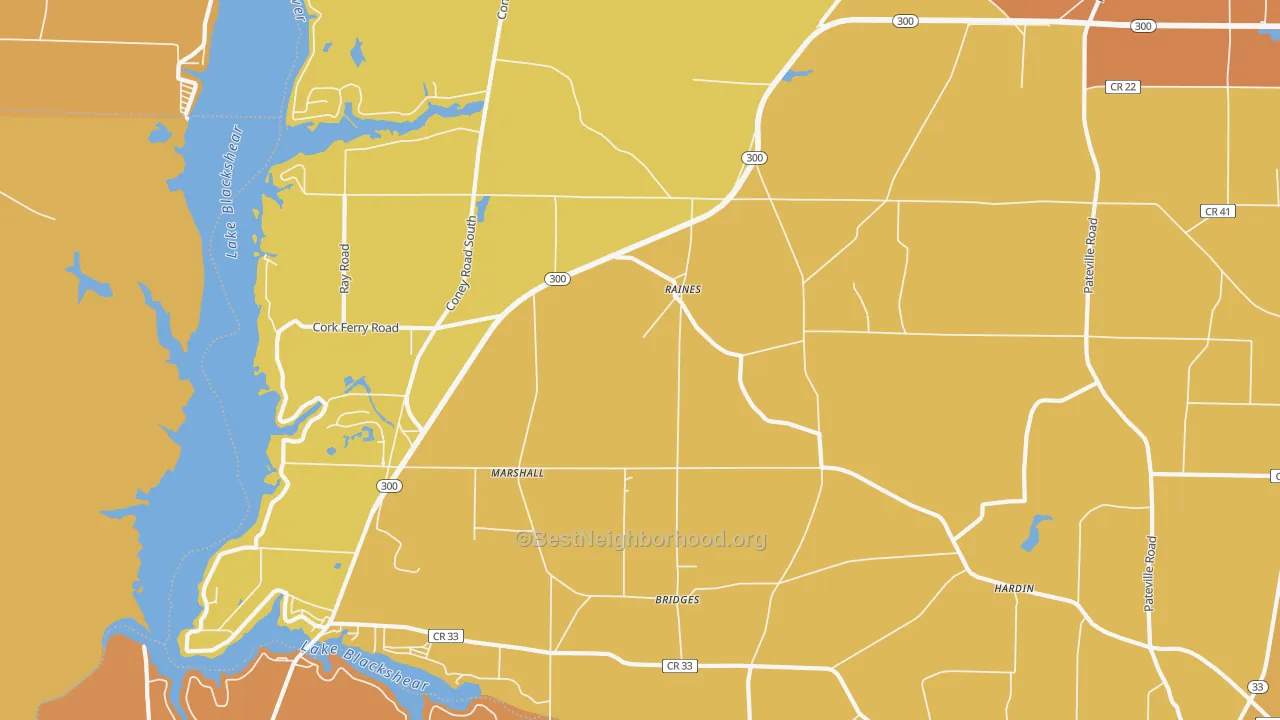 Map of the best neighborhoods in the Raines area, with better matches in green and worse matches in red