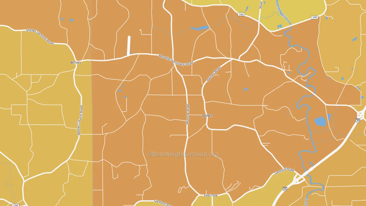 Map of the best neighborhoods in the Rainey area, with better matches in green and worse matches in red