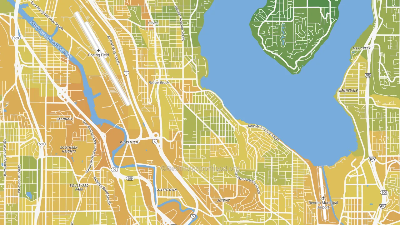 Map of the best neighborhoods in the Rainier Beach, Seattle area, with better matches in green and worse matches in red