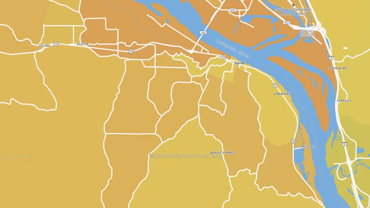 Map of the best neighborhoods in the Rainier area, with better matches in green and worse matches in red