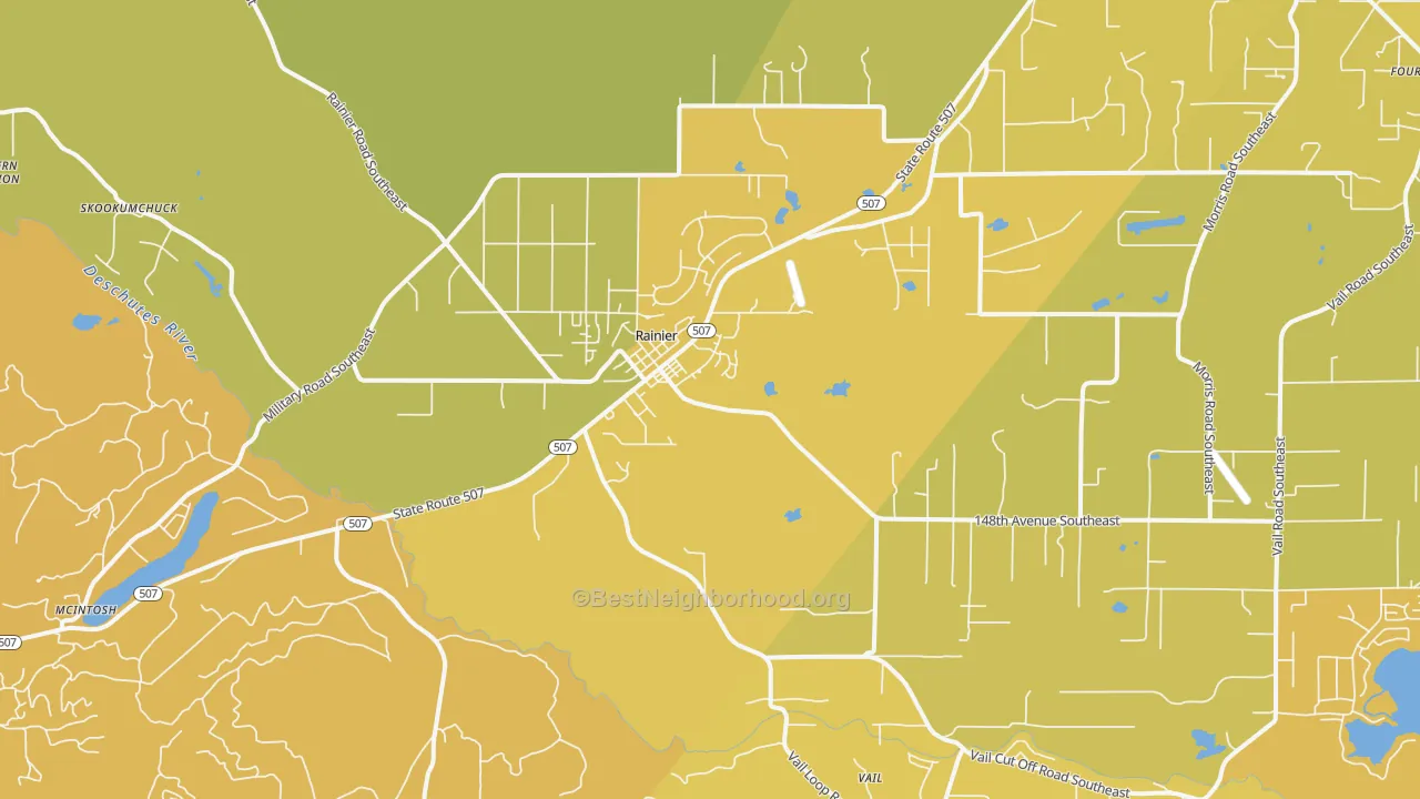 Map of the best neighborhoods in the Rainier area, with better matches in green and worse matches in red