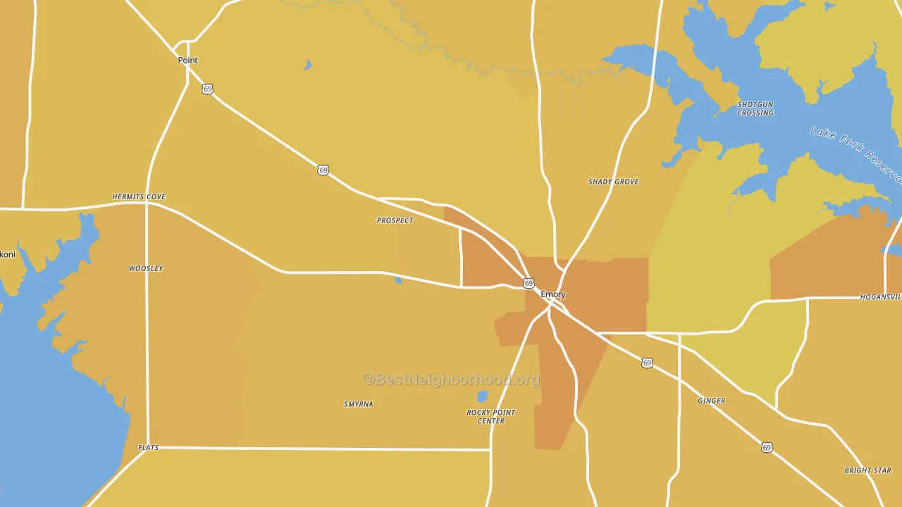 Map of the best neighborhoods in the Rains County area, with better matches in green and worse matches in red