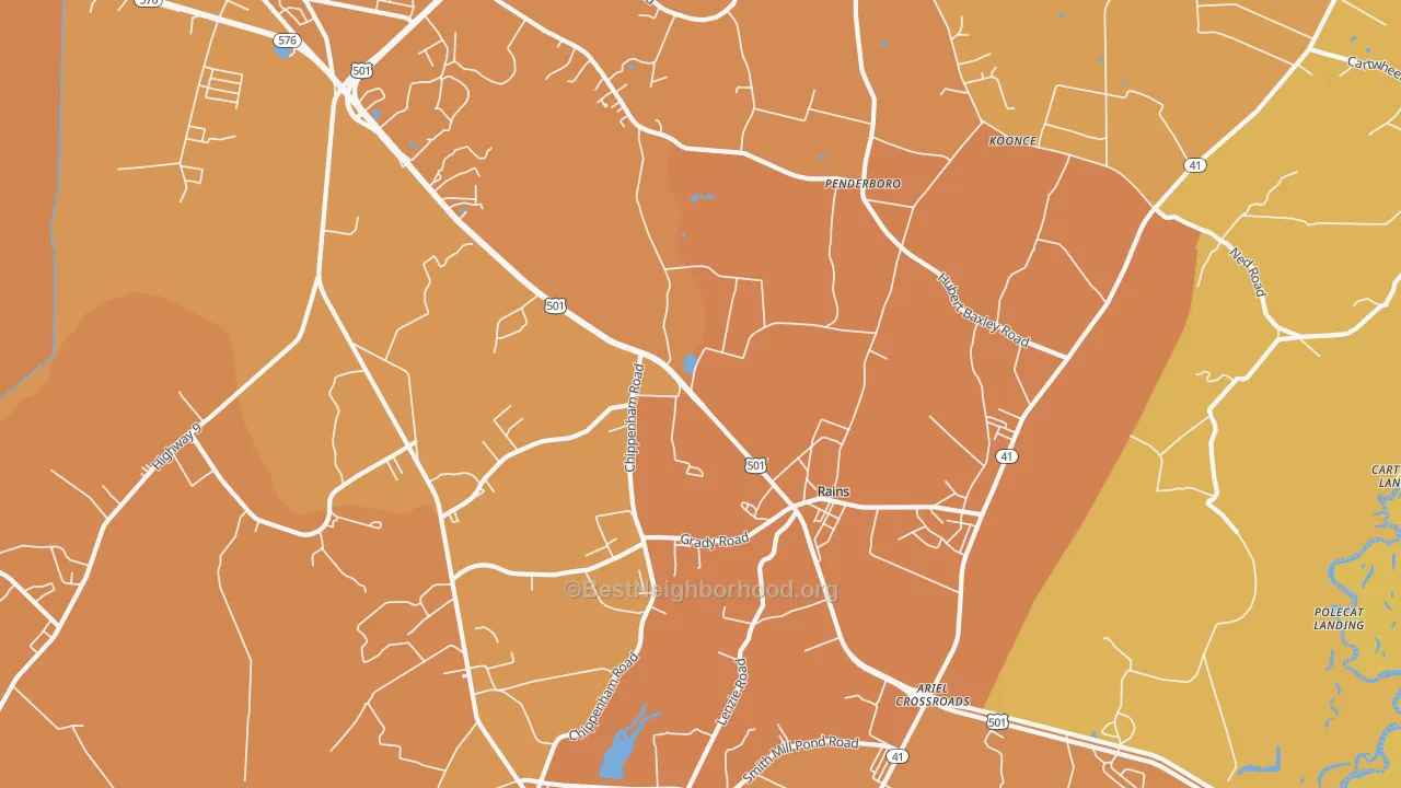 Map of the best neighborhoods in the Rains area, with better matches in green and worse matches in red