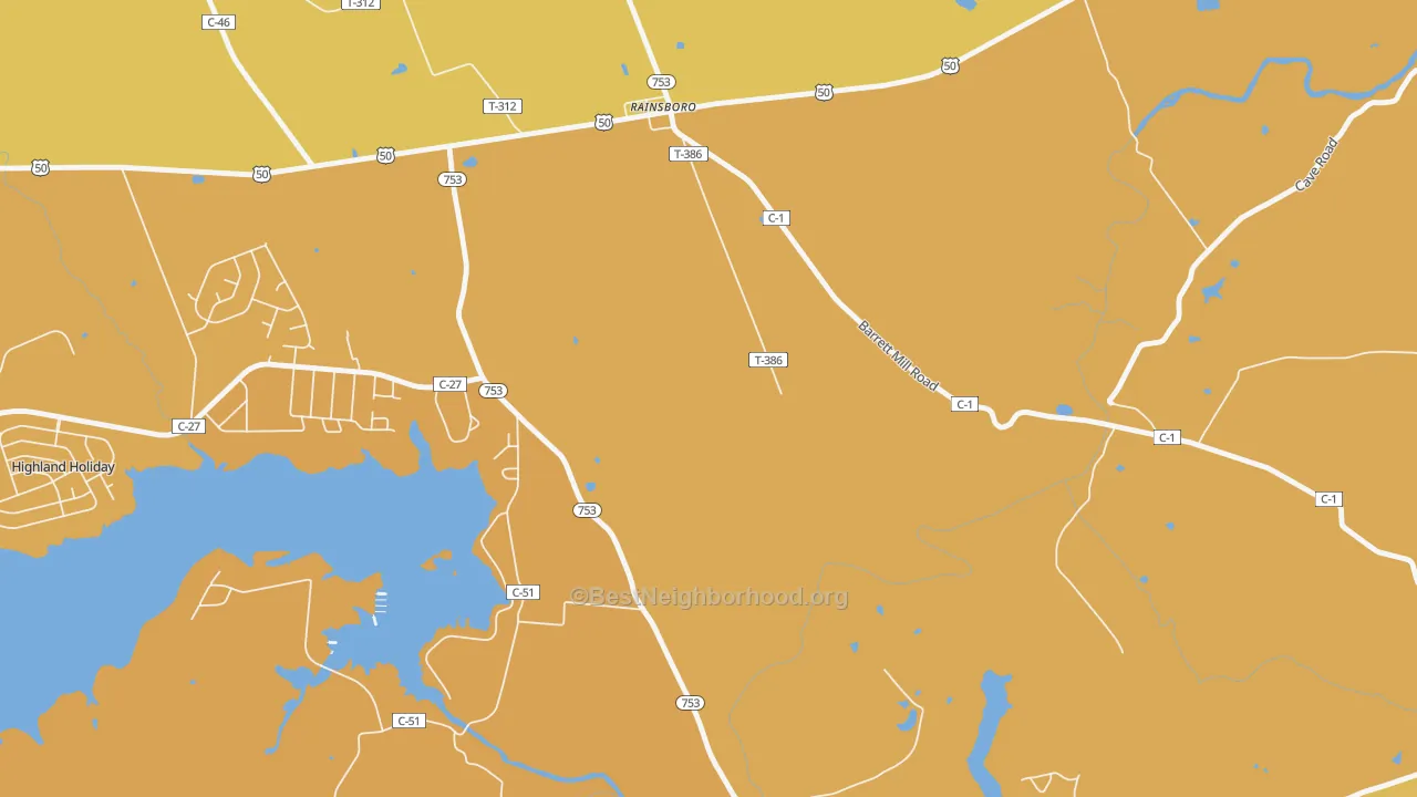 Map of the best neighborhoods in the Rainsboro area, with better matches in green and worse matches in red