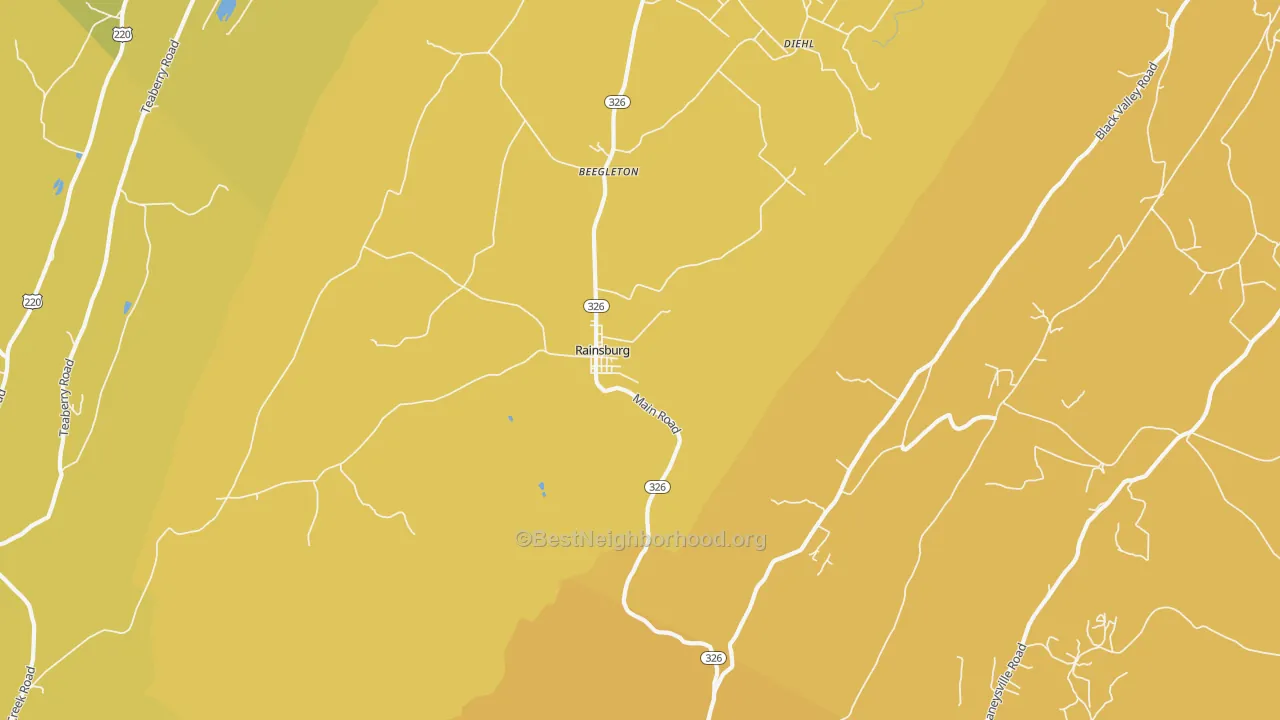 Map of the best neighborhoods in the Rainsburg area, with better matches in green and worse matches in red
