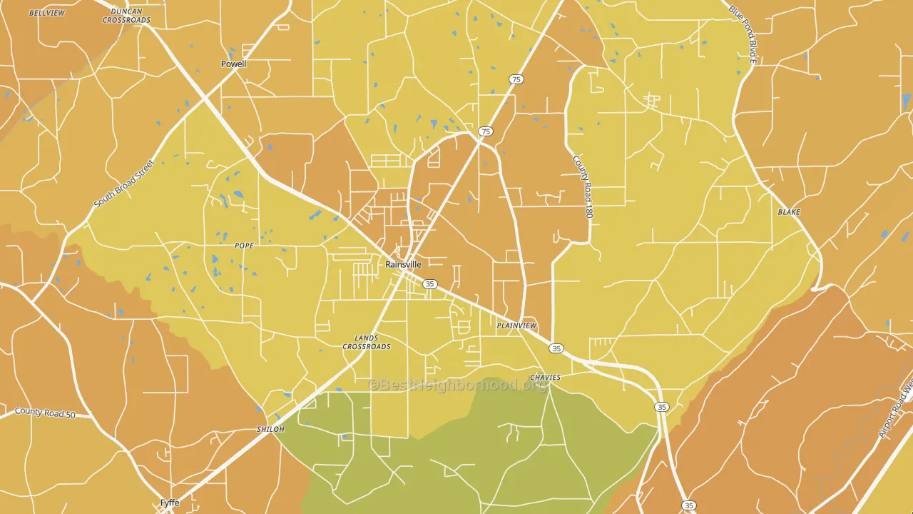 Map of the best neighborhoods in the Rainsville area, with better matches in green and worse matches in red