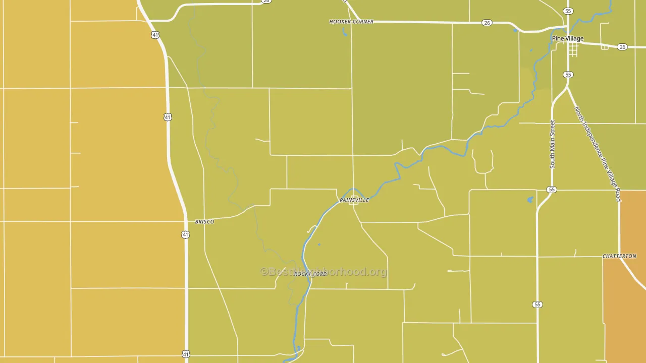 Map of the best neighborhoods in the Rainsville area, with better matches in green and worse matches in red