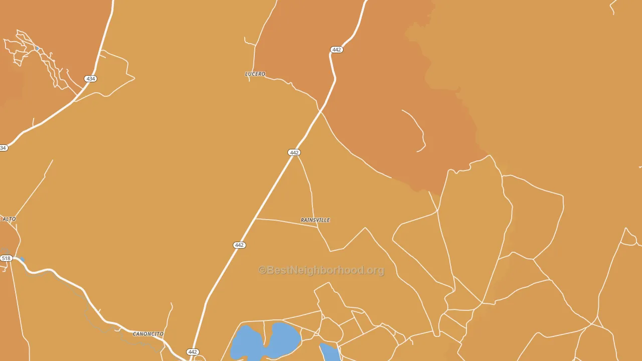 Map of the best neighborhoods in the Rainsville area, with better matches in green and worse matches in red
