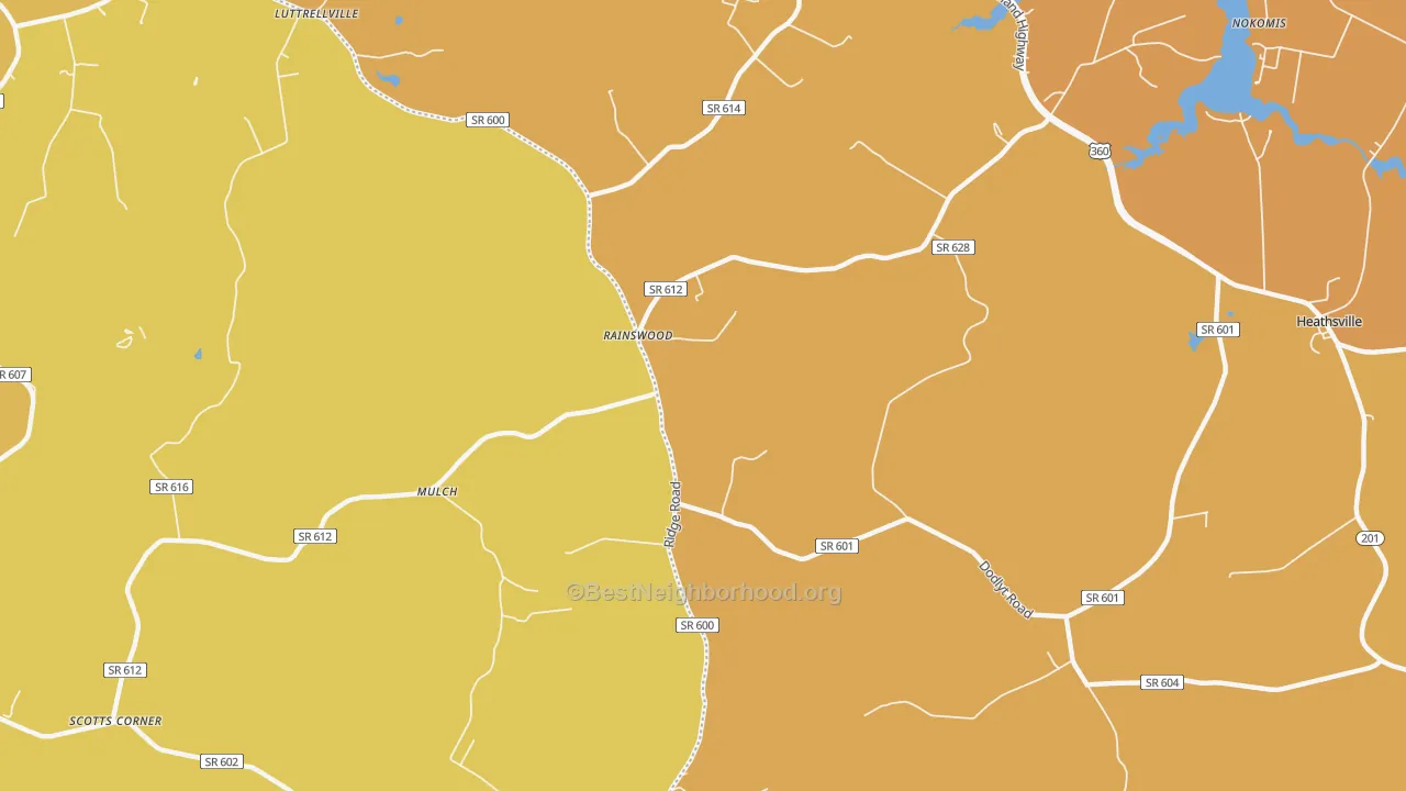 Map of the best neighborhoods in the Rainswood area, with better matches in green and worse matches in red