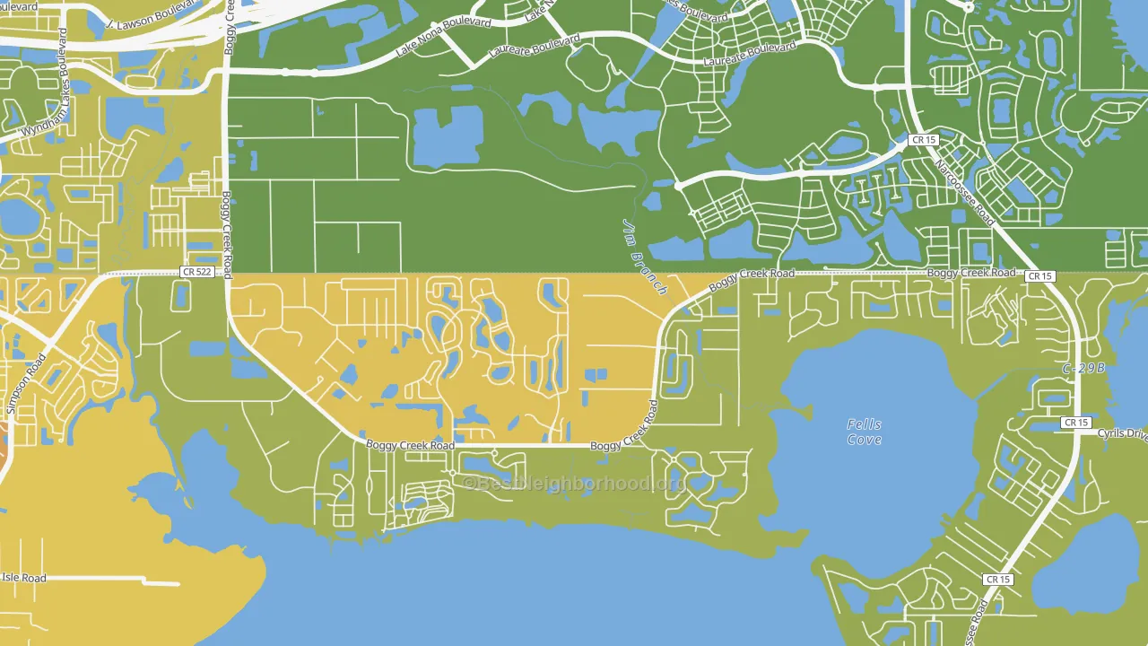 Map of the best neighborhoods in the Raintree, Kissimmee area, with better matches in green and worse matches in red