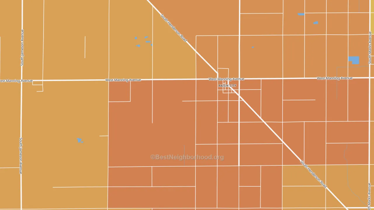 Map of the best neighborhoods in the Raisin area, with better matches in green and worse matches in red
