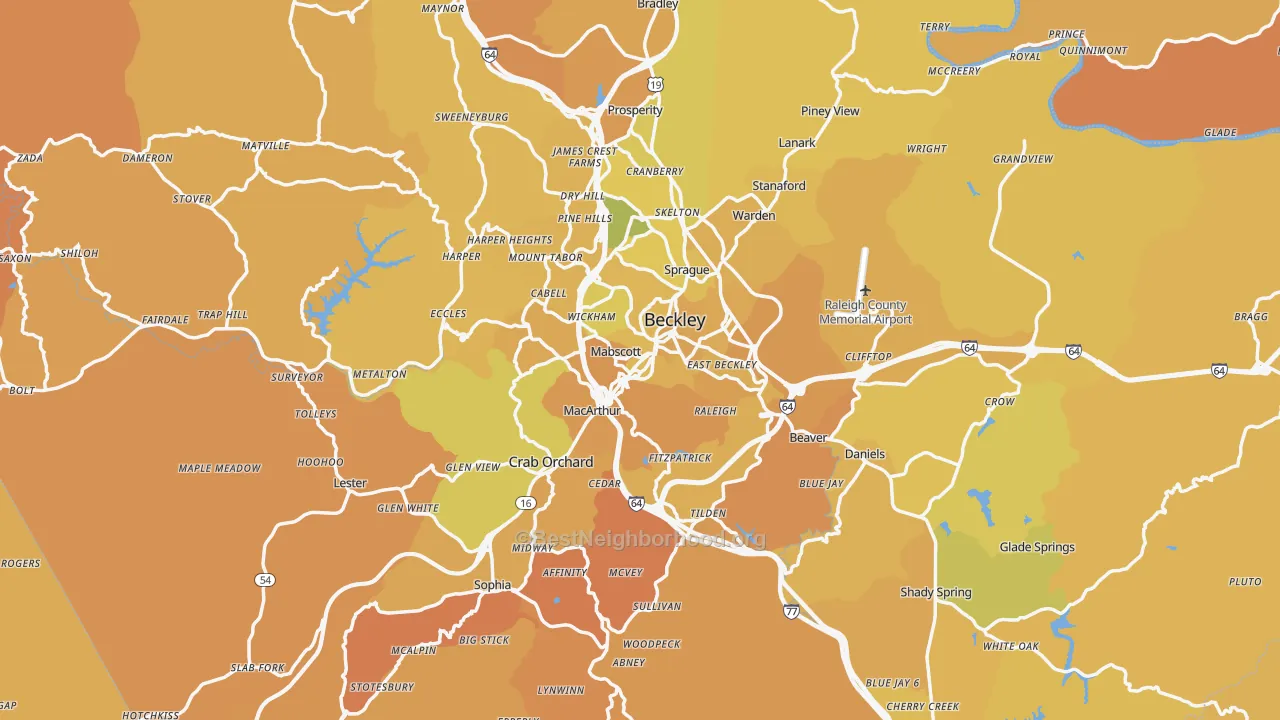 Map of the best neighborhoods in the Raleigh County area, with better matches in green and worse matches in red