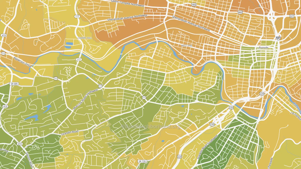 Map of the best neighborhoods in the Raleigh Court, Roanoke area, with better matches in green and worse matches in red