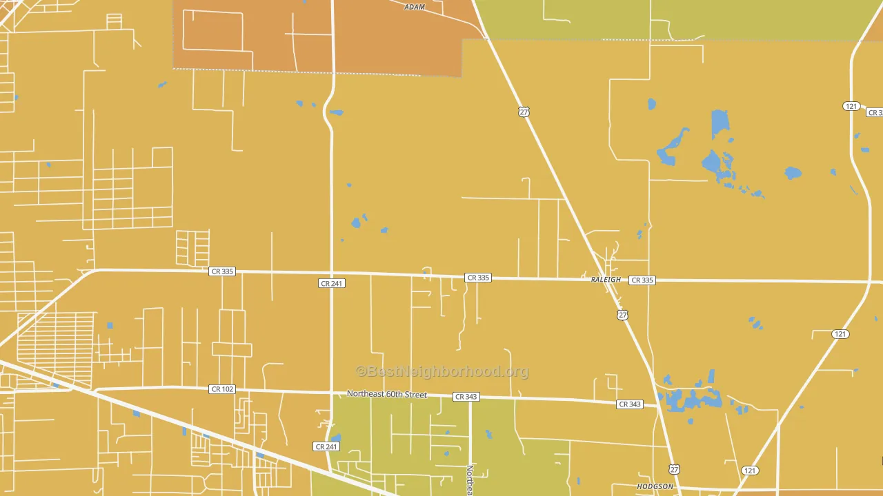 Map of the best neighborhoods in the Raleigh area, with better matches in green and worse matches in red