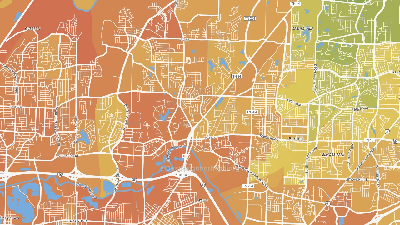 Map of the best neighborhoods in the Raleigh, Memphis area, with better matches in green and worse matches in red