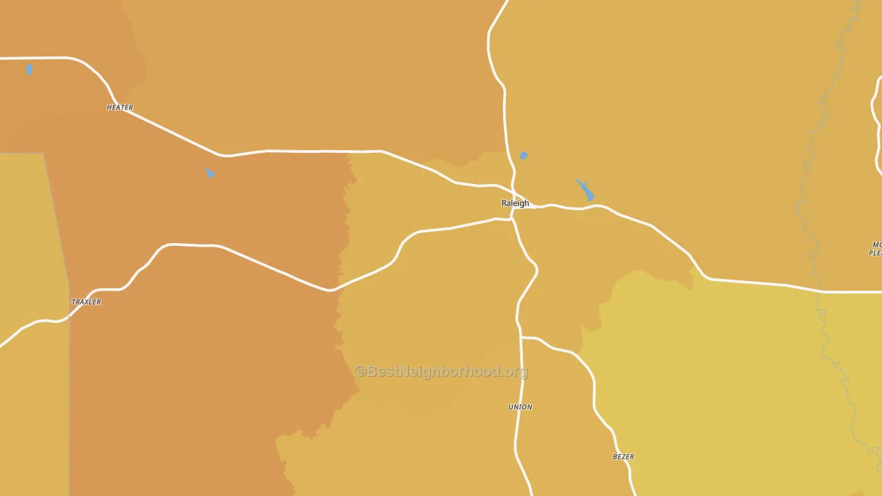Map of the best neighborhoods in the Raleigh area, with better matches in green and worse matches in red