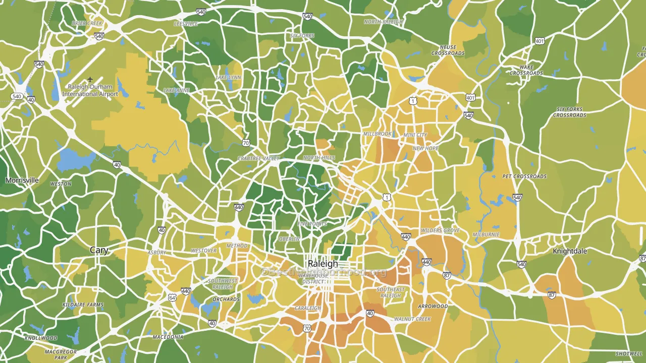Map of the best neighborhoods in the Raleigh Metro area, with better matches in green and worse matches in red