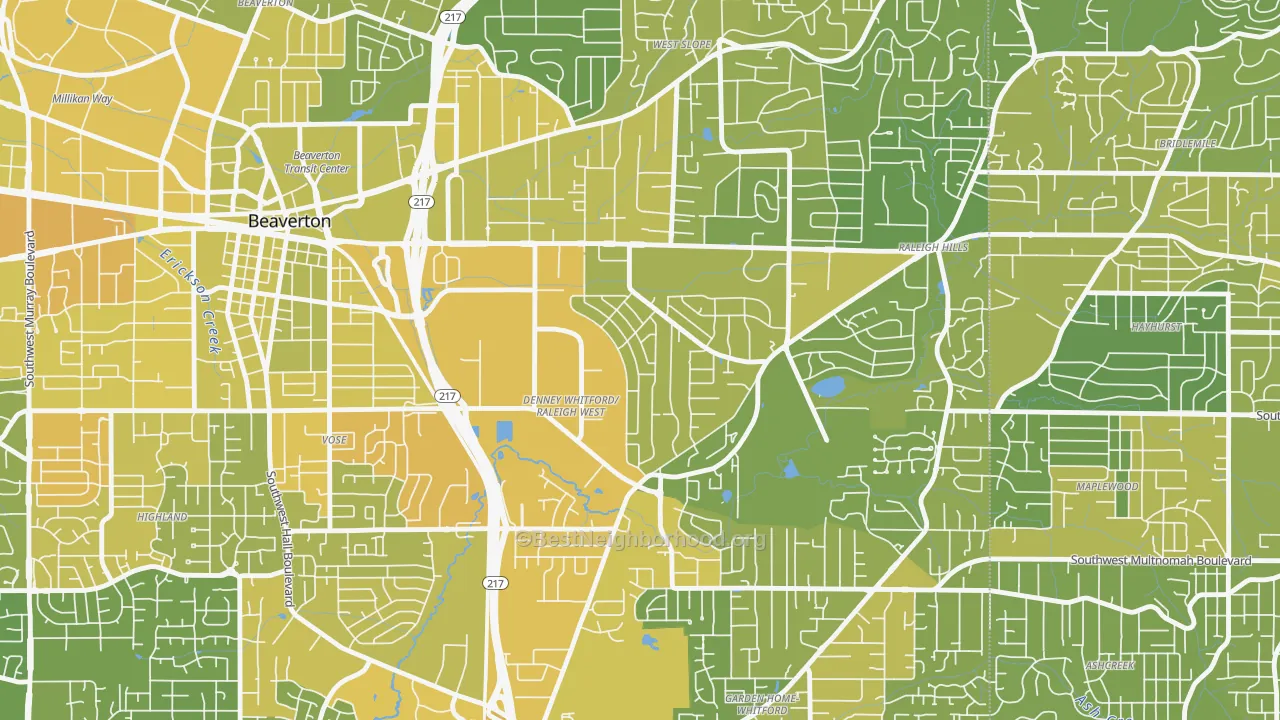 Map of the best neighborhoods in the Raleigh West, Beaverton area, with better matches in green and worse matches in red