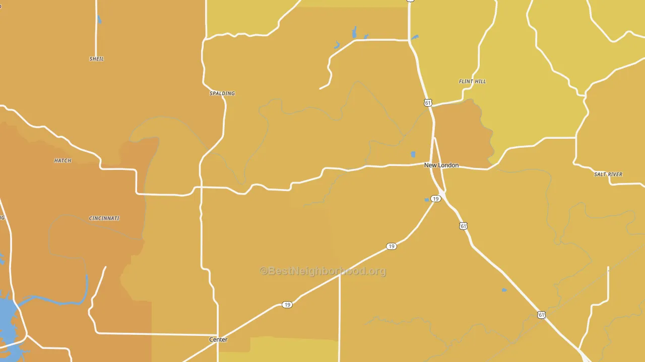 Map of the best neighborhoods in the Ralls County area, with better matches in green and worse matches in red